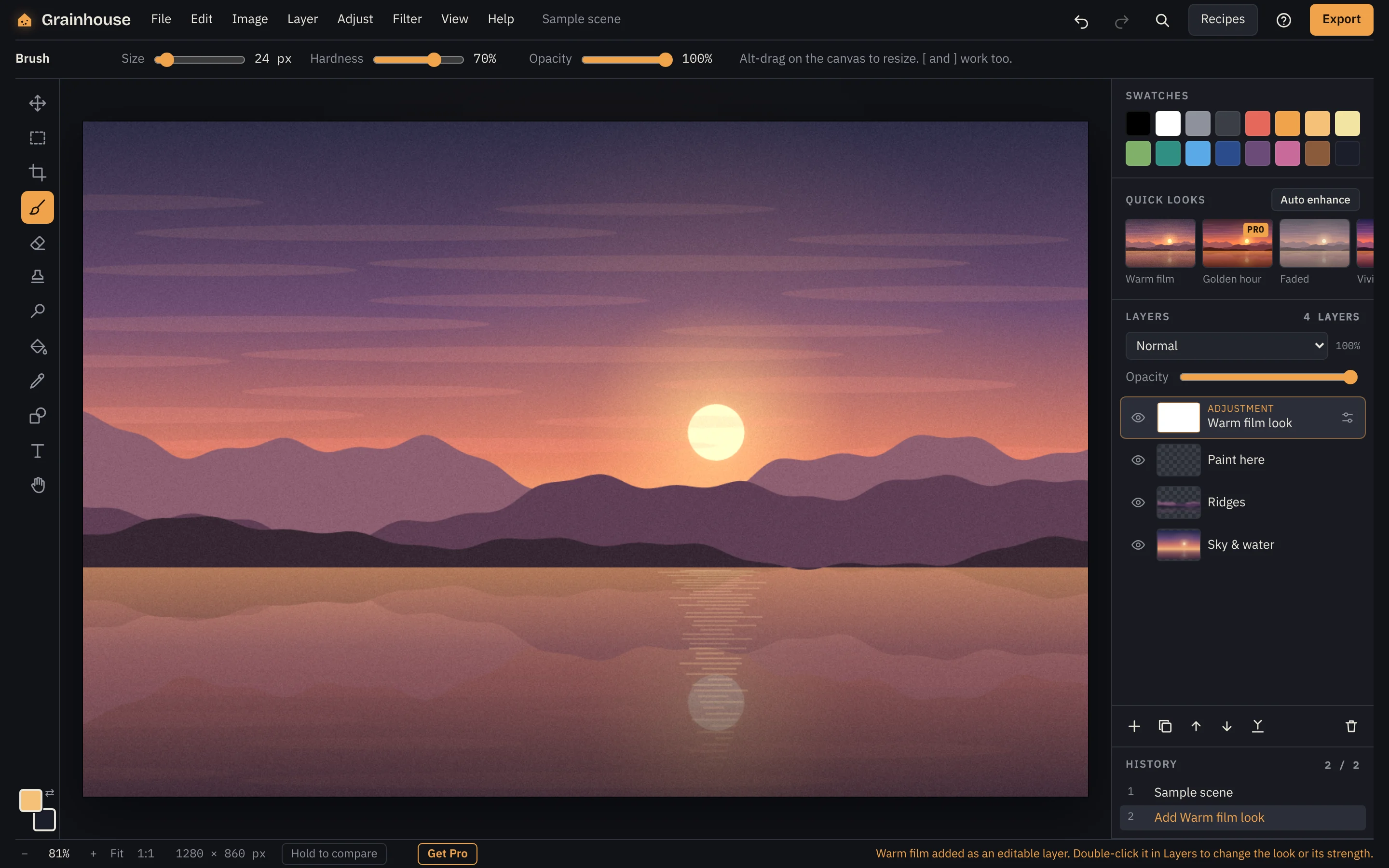 The Grainhouse editor with a sunset photo, the Warm film look applied, and the layers panel open